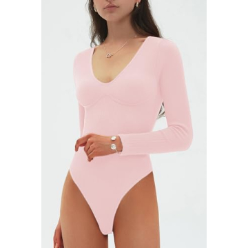 CHYRII V Neck Bodysuit Women Long Sleeve Shirt in Pale Pink