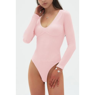 CHYRII V Neck Bodysuit Women Long Sleeve Shirt in Pale Pink