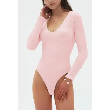 CHYRII V Neck Bodysuit Women Long Sleeve Shirt in Pale Pink