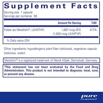 Pure Encapsulations Folate 1000 - Metafolin L-5-MTHF - Heart Health Supplement - Non-GMO & Gluten Fr...