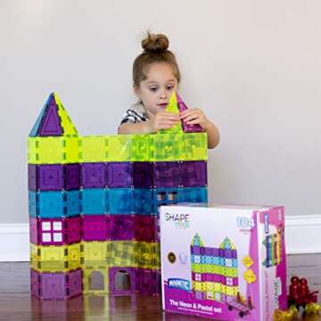 Shapemags 100 Piece 100 Pcs Set Magnet Building Tiles Magnetic Blocks - Neon and Pastel Pink Priness Fairy Set for Girls, Super Strong Blocks for Toddlers and Kids Construction