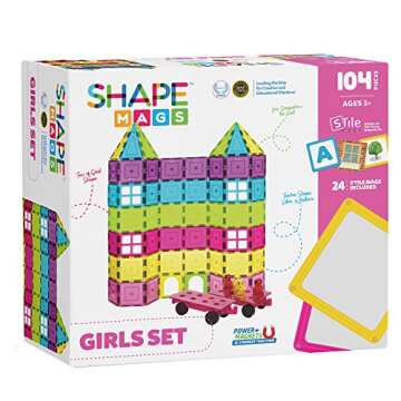 Shapemags 100 Piece 100 Pcs Set Magnet Building Tiles Magnetic Blocks - Neon and Pastel Pink Priness Fairy Set for Girls, Super Strong Blocks for Toddlers and Kids Construction