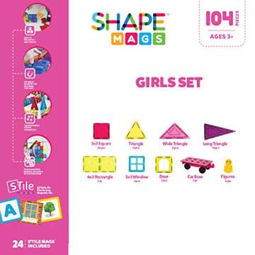 Shapemags 100 Piece 100 Pcs Set Magnet Building Tiles Magnetic Blocks - Neon and Pastel Pink Priness Fairy Set for Girls, Super Strong Blocks for Toddlers and Kids Construction