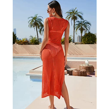 BMJL Womens Swimwear Cover Ups Crochet Hollow Out Long Bathing Suit Coverup Bikini Sleeveless Side Split Beach Dress Orange