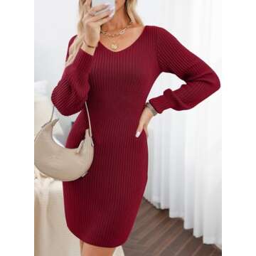 Sidefeel Fall Sweaters for Women Ribbed V Neck Long Sleeve Sweater Dress Casual Fall Clothes Wedding Guest Sexy Bodycon Knit Dresses Large Burgundy