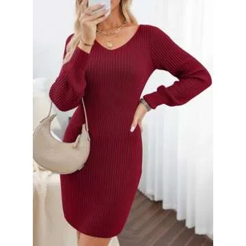 Sidefeel Fall Sweaters for Women Ribbed V Neck Long Sleeve Sweater Dress Casual Fall Clothes Wedding Guest Sexy Bodycon Knit Dresses Large Burgundy