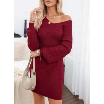 Sidefeel Fall Sweaters for Women Ribbed V Neck Long Sleeve Sweater Dress Casual Fall Clothes Wedding Guest Sexy Bodycon Knit Dresses Large Burgundy