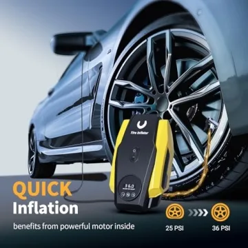 Powools Tire Inflator Portable Air Compressor - Air Pump for Car Tires - 12V DC Compact Tire Pump with Auto Shutoff Function - Multipurpose Car Accessory with LED Light, Yellow, Medium