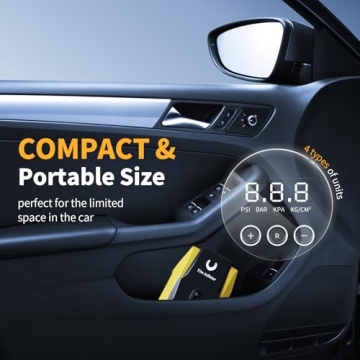 Powools Tire Inflator Portable Air Compressor - Air Pump for Car Tires - 12V DC Compact Tire Pump with Auto Shutoff Function - Multipurpose Car Accessory with LED Light, Yellow, Medium