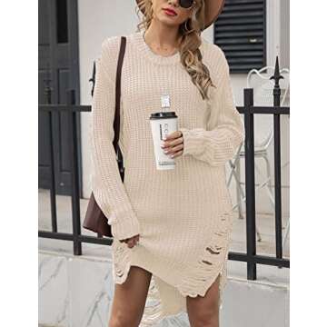 Zilcremo Women's Oversized Loose Long Pullover Sweater Dress Winter Knit Ripped Jumper Tops Apricot L