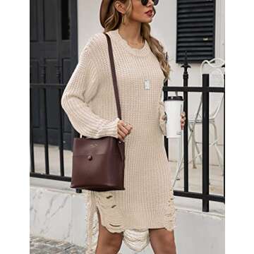 Zilcremo Women's Oversized Loose Long Pullover Sweater Dress Winter Knit Ripped Jumper Tops Apricot L