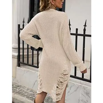 Zilcremo Women's Oversized Loose Long Pullover Sweater Dress Winter Knit Ripped Jumper Tops Apricot L