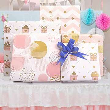 Larcenciel Wrapping Paper for Girl, Metallic Gold Foil Wrapping Paper, Pink Gift Wrap for Birthday, ...