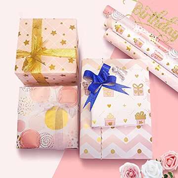 Larcenciel Wrapping Paper for Girl, Metallic Gold Foil Wrapping Paper, Pink Gift Wrap for Birthday, Valentines Day, Christmas, Wedding, Baby Shower,4 Sheets 27.5x19.6inch