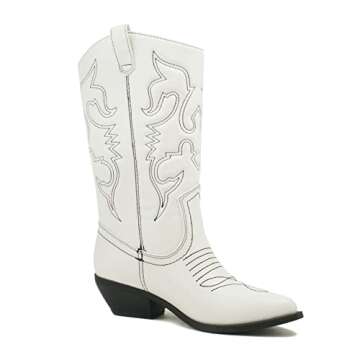 Soda Reno Women Western Cowboy Pointed Toe Knee High Pull On Tabs Boots (White Pu/Bk Stitch, US Footwear Size System, Adult, Women, Numeric, Medium, 5.5)