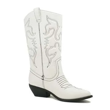 Soda Reno Women Western Cowboy Pointed Toe Knee High Pull On Tabs Boots (White Pu/Bk Stitch, US Footwear Size System, Adult, Women, Numeric, Medium, 5.5)