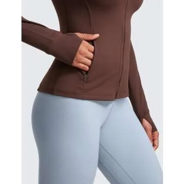 CRZ YOGA Butterluxe Womens Full Zip Workout Jackets Slim Fit Track Athletic Tops with Thumb Holes Taupe Medium