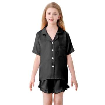 Umeyda Satin Silk Pajamas for Girls 2Pcs Button Down Pjs Set Girls Sleepwear, Black, 9-10 Years