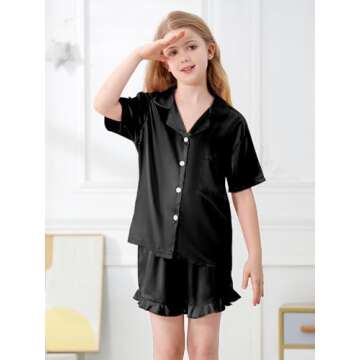 Umeyda Satin Silk Pajamas for Girls 2Pcs Button Down Pjs Set Girls Sleepwear, Black, 9-10 Years