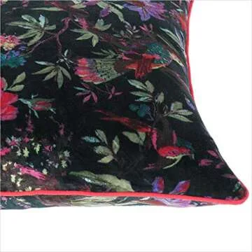 Eyes of India Velvet Floral Flower Bird Throw Pillow Sofa Cushion Cover Case Couch Colorful Boho Chic Bohemian Accent Indian Handmade (Black, 16" x 16")
