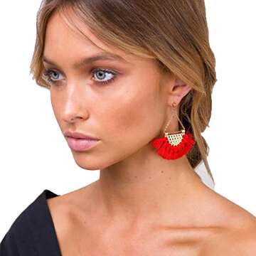 Retro Colours Woolen Tassel Dangle Stud Earrings Sector Earrings for Women Mothers Day Gift (Red)