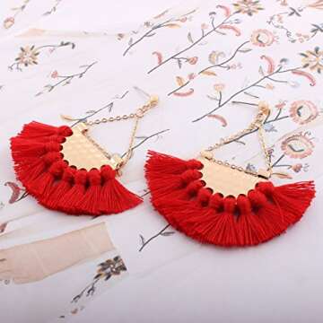 Retro Colours Woolen Tassel Dangle Stud Earrings Sector Earrings for Women Mothers Day Gift (Red)