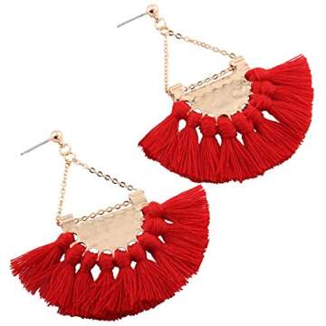 Retro Colours Woolen Tassel Dangle Stud Earrings Sector Earrings for Women Mothers Day Gift (Red)