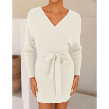 ZESICA Women's Sexy Elegant Batwing Sleeve Wrap V Neck Sweater Dress - Apricot, Medium