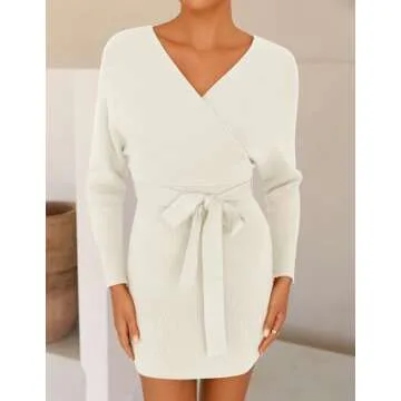 ZESICA Women's Sexy Elegant Batwing Sleeve Wrap V Neck Sweater Dress - Apricot, Medium