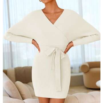 ZESICA Elegant Knitted Wrap V Neck Dress for Women