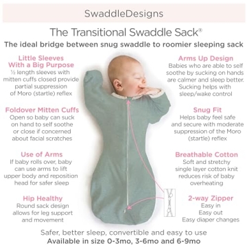 SwaddleDesigns Transitional Swaddle Sack with Arms Up Half-Length Sleeves and Mitten Cuffs, Small, 0-3 Months, 6-14 lbs, Heathered Gray Stripes (Arms Up Swaddle, Transition Swaddle Sleep Sack)