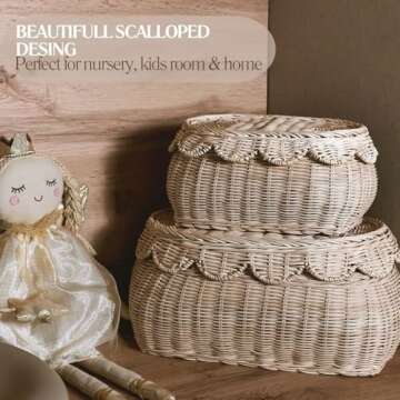 CAALMA Scalloped Basket - Set of 2 Rattan Basket - Wicker Storage Basket with Lid - Decorative Small...