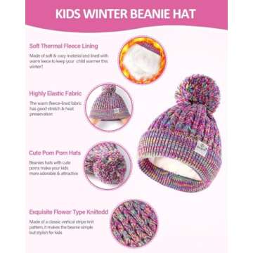 Kids Winter Hat Gloves Scarf Set, Girls Hats Beanie with Pom Knit Neck Warmer Gaiter Mittens Fleece ...