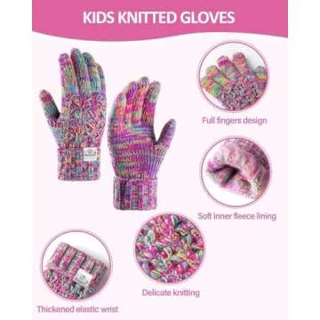 Kids Winter Hat Gloves Scarf Set, Girls Hats Beanie with Pom Knit Neck Warmer Gaiter Mittens Fleece Lined Set（Rainbow Mix）