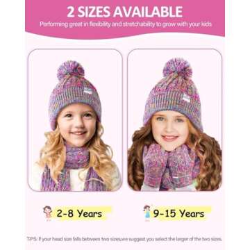 Kids Winter Hat Gloves Scarf Set, Girls Hats Beanie with Pom Knit Neck Warmer Gaiter Mittens Fleece Lined Set（Rainbow Mix）