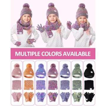 Kids Winter Hat Gloves Scarf Set, Girls Hats Beanie with Pom Knit Neck Warmer Gaiter Mittens Fleece Lined Set（Rainbow Mix）
