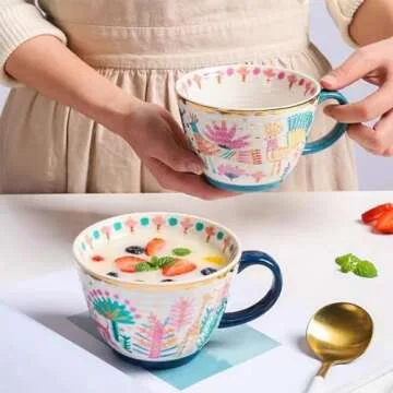 Miiibooo Coffee Mugs Set of 2, 17 Oz Large Ceramic Mug with Genuine Gold Decals for Coffee Cereal Latte, Coffee Mug Set for Office Home, Modern Colorful Tea Mug for Anniversary, Wedding Gifts