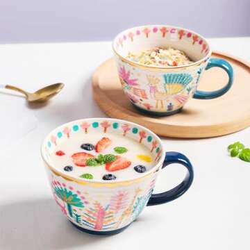 Miiibooo Coffee Mugs Set of 2, 17 Oz Large Ceramic Mug with Genuine Gold Decals for Coffee Cereal Latte, Coffee Mug Set for Office Home, Modern Colorful Tea Mug for Anniversary, Wedding Gifts