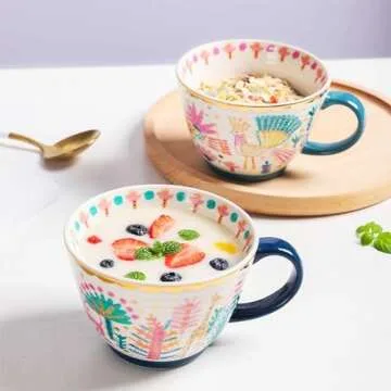 Miiibooo Coffee Mugs Set of 2, 17 Oz Large Ceramic Mug with Genuine Gold Decals for Coffee Cereal Latte, Coffee Mug Set for Office Home, Modern Colorful Tea Mug for Anniversary, Wedding Gifts