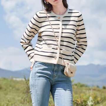 RICHTRUE Old Money Aesthetic Clothing Women Striped Cardigan Sweaters for Women Trendy Cropped Sweat...