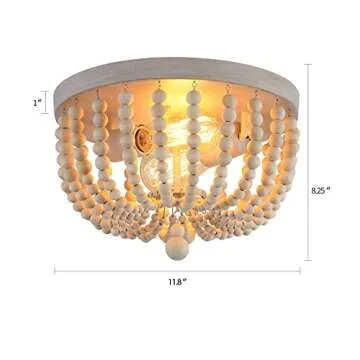 Q&S Boho Chandelier Wood Beaded Flush Mount Ceiling Light Fixtures for Nursery Baby Bedroom Kitchen Hallway,Oak White Finish,2-Lights