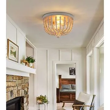 Q&S Boho Chandelier Wood Beaded Flush Mount Ceiling Light Fixtures for Nursery Baby Bedroom Kitchen Hallway,Oak White Finish,2-Lights