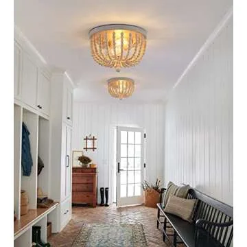 Q&S Boho Chandelier Wood Beaded Flush Mount Ceiling Light Fixtures for Nursery Baby Bedroom Kitchen Hallway,Oak White Finish,2-Lights