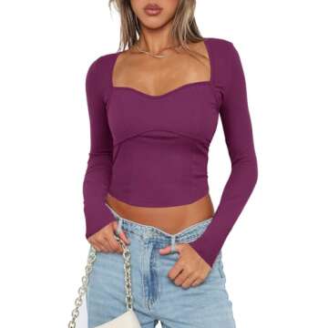 Darong Women's Ribbed Knit Long Sleeve Sweetheart Square Neck Crop Top 2023 Trendy Slim Fit T Shirts