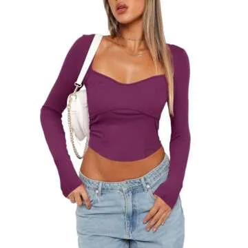 Darong Women's Ribbed Knit Long Sleeve Sweetheart Square Neck Crop Top 2023 Trendy Slim Fit T Shirts
