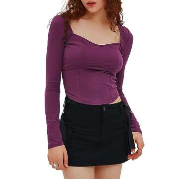 Darong Women's Ribbed Knit Long Sleeve Sweetheart Square Neck Crop Top 2023 Trendy Slim Fit T Shirts