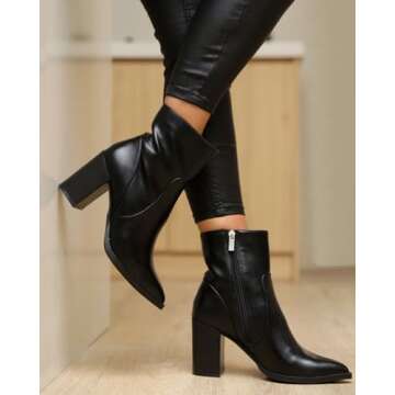 LAICIGO Women's Pointed Toe Ankle Boots Chunky Stacked Heel Side Zipper Faux Leather Ankle Booties, ...