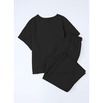 SHEWIN Two 2 Piece Outfits Sweat Suit Lounge Sets for Women Casual Long Sleeve Crewneck Pullover Tops Matching Loungewear Pants Loose Pajama Tracksuit Summer Outfits Black XL