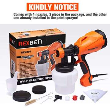 REXBETI Ultimate-750 Paint Sprayer, High Power HVLP Home Electric Spray Gun, Lightweight, Easy Spraying and Cleaning, 5-pcs Paint Strainers, 4 Nozzles(1 Nozzle has Already Been Installed on The Gun)