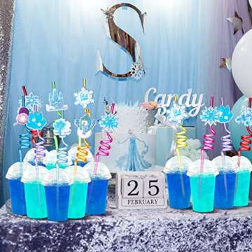 24 Pcs Winter Party Favors Frozen Party Drinking Straws Crazy Straws Wonderland Snowflake Snowman Reusable Straws Supplies 8 Styles